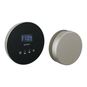 Round nickel steam shower control with digital display and buttons, paired with matching round trim ring.