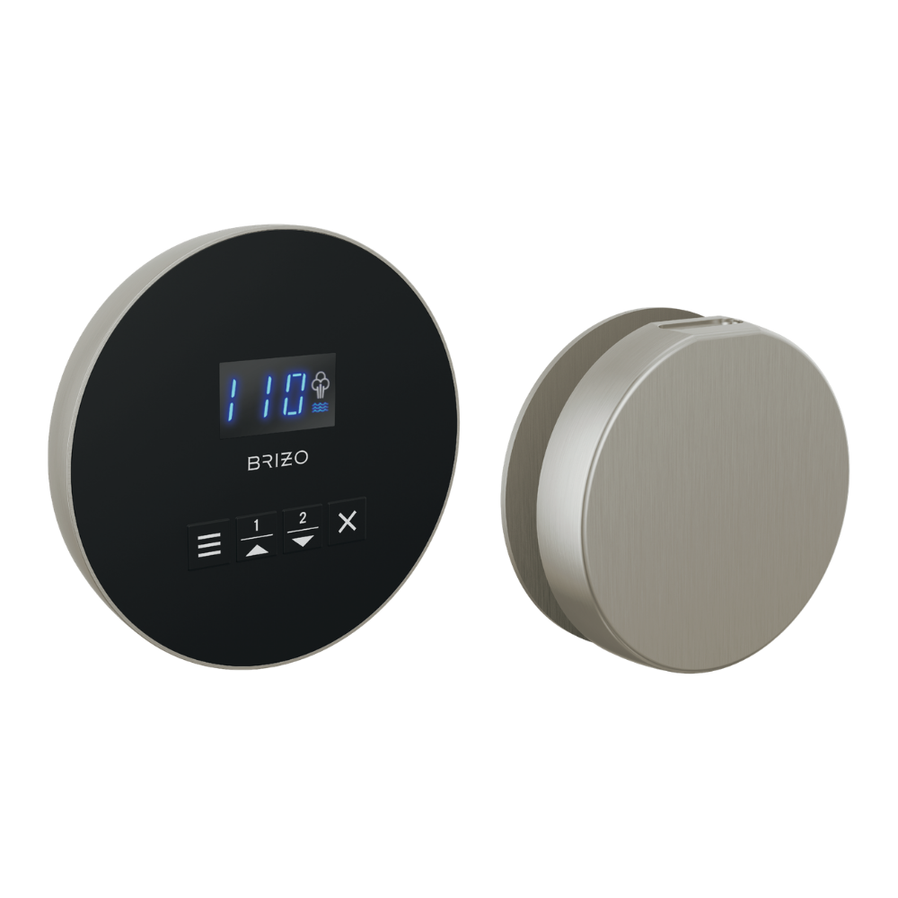 Round nickel steam shower control with digital display and buttons, paired with matching round trim ring.