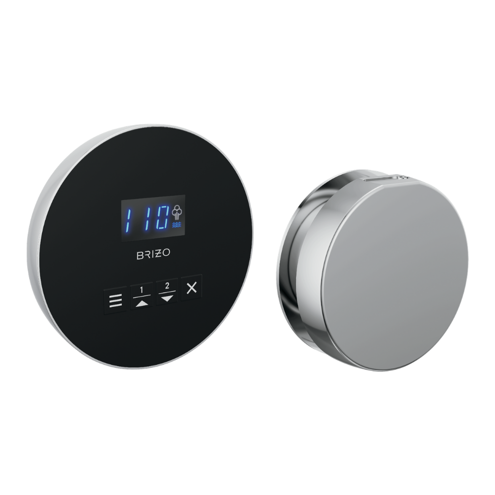 Chrome round steam shower control with digital display showing temperature and timer buttons, plus matching circular steam bo