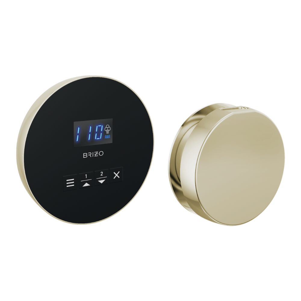 Round polished nickel steam shower control with digital display and buttons, paired with solid round trim cover.