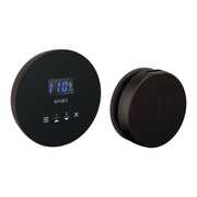 Brizo round steam shower control and body jet in dark bronze with digital display and buttons.