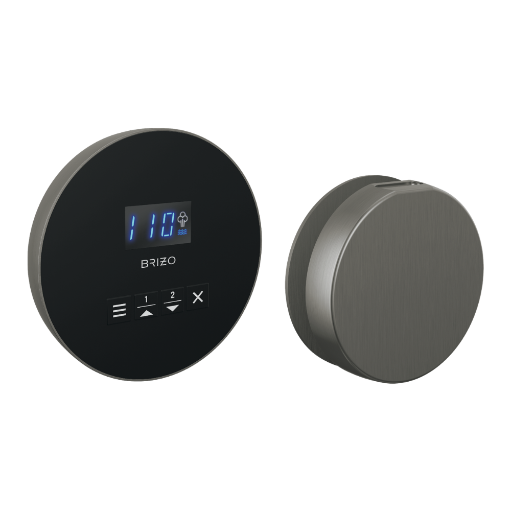 Round steel steam control unit with digital display and buttons next to matching round steel outlet trim.