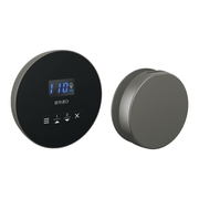 Round steel steam control unit with digital display and buttons next to matching round steel outlet trim.