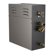 Gray rectangular steam generator unit with ventilation slots, control knobs, and brass pipe fittings on right panel.