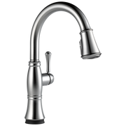 Chrome single-handle kitchen faucet with pull-down spray head and lever control.