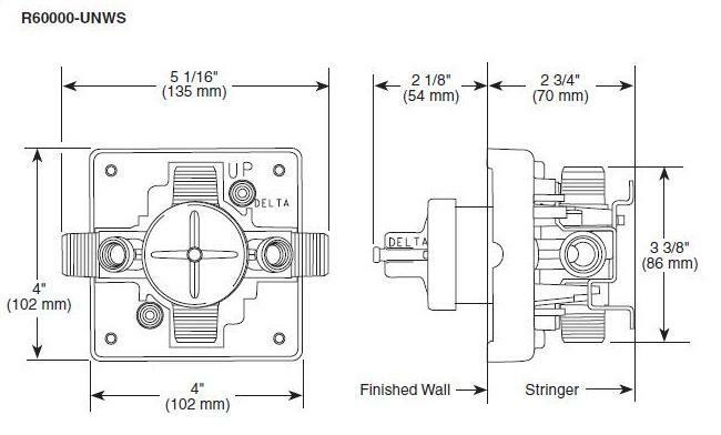 Brizo pressure balance tub shower rough valve with stops, front and side technical drawings showing dimensions and installati