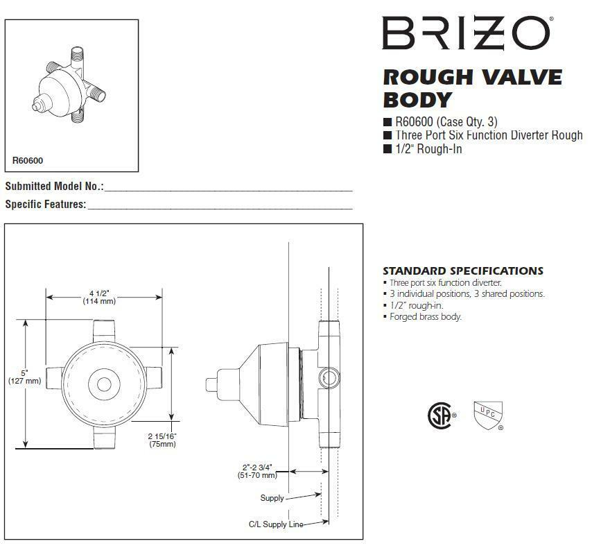 Brizo R60600 rough valve body with three ports and connection fittings shown in technical diagram view.