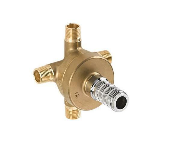 Brass diverter valve with four threaded ports and chrome-plated center stem on white background.