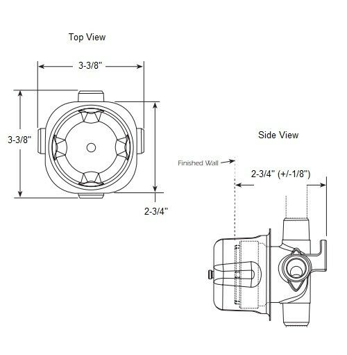 Brizo R60700 diverter rough-in valve with top and side view technical drawings showing dimensions.