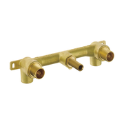 Brass wall-mount rough-in valve with two connection ports and center spout outlet for lavatory installation.