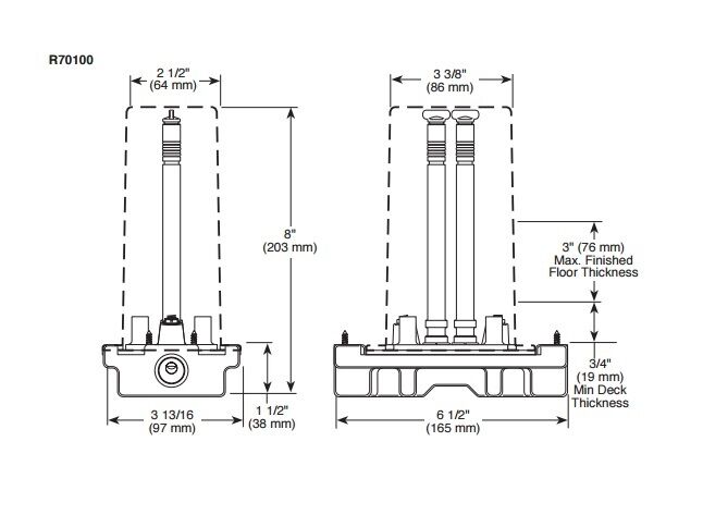 Technical schematic of Brizo R70100 freestanding tub filler rough showing dimensions and mounting specifications.