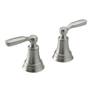 Pair of stainless steel roman tub handles with bell-shaped bases and lever arms.
