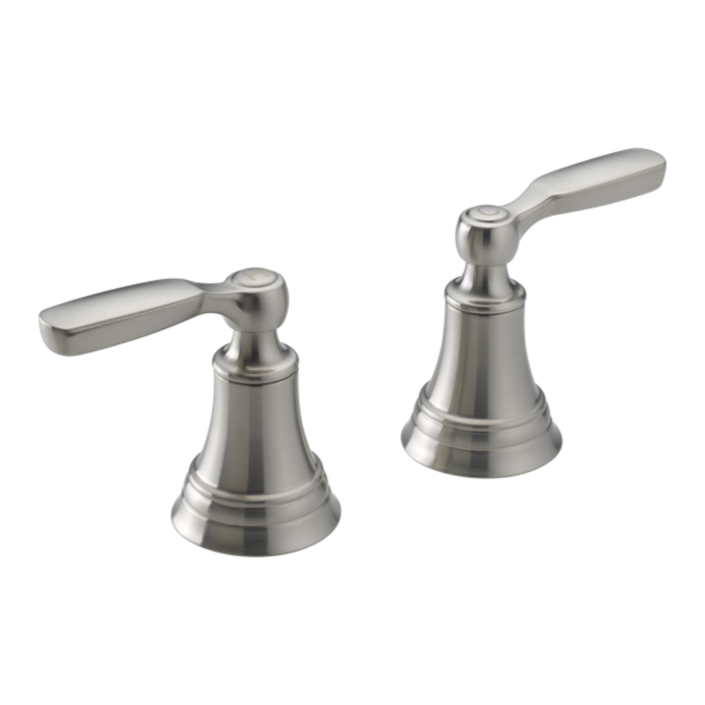 Pair of stainless steel roman tub handles with bell-shaped bases and lever arms.