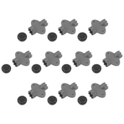 Ten gray faucet aerators with matching wrenches arranged in rows.