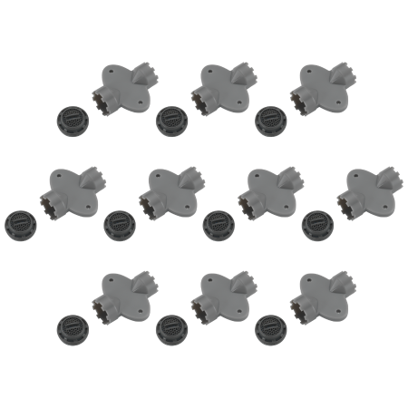 Ten gray faucet aerators with matching wrenches arranged in rows.
