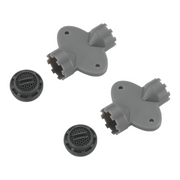 Two gray aerator bodies with installation wrenches and two perforated aerator screens on white background.