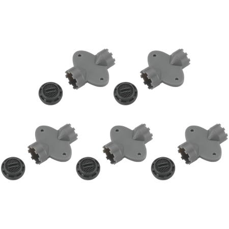 Five gray faucet aerators with threaded bases and five circular aerator screens displayed on white background.