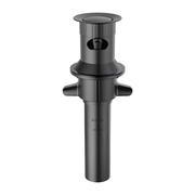 Matte black plastic push pop drain assembly with overflow ports and cylindrical body for sink installation.