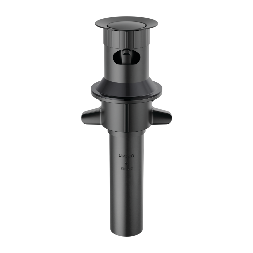 Matte black plastic push pop drain assembly with overflow ports and cylindrical body for sink installation.