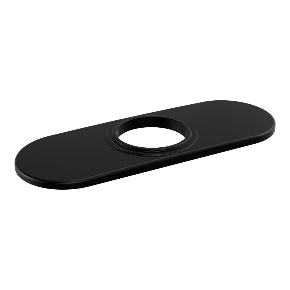 Matte black oval escutcheon with center circular opening for faucet installation.