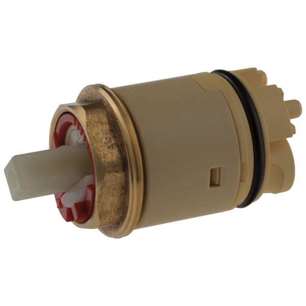 Cylindrical ceramic cartridge with brass fittings, red internal components, and black rubber seal ring.