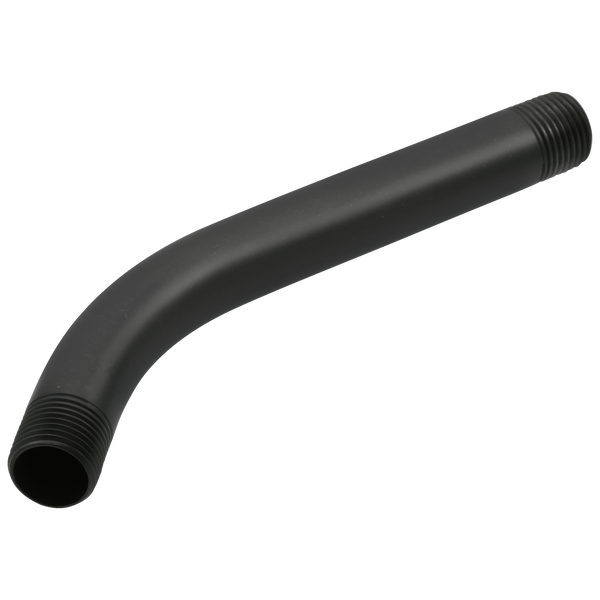 Matte black curved shower arm with threaded connection ends.