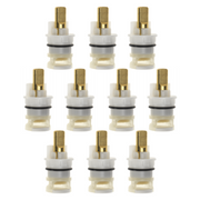 Ten brass and ceramic stem unit assemblies arranged in three rows with white bands and cream-colored ceramic cartridges.