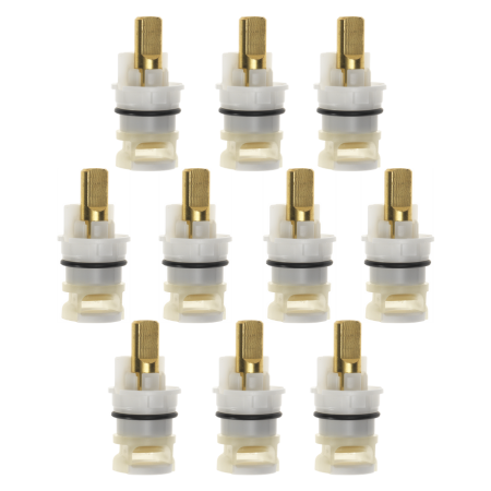 Ten brass and ceramic stem unit assemblies arranged in three rows with white bands and cream-colored ceramic cartridges.