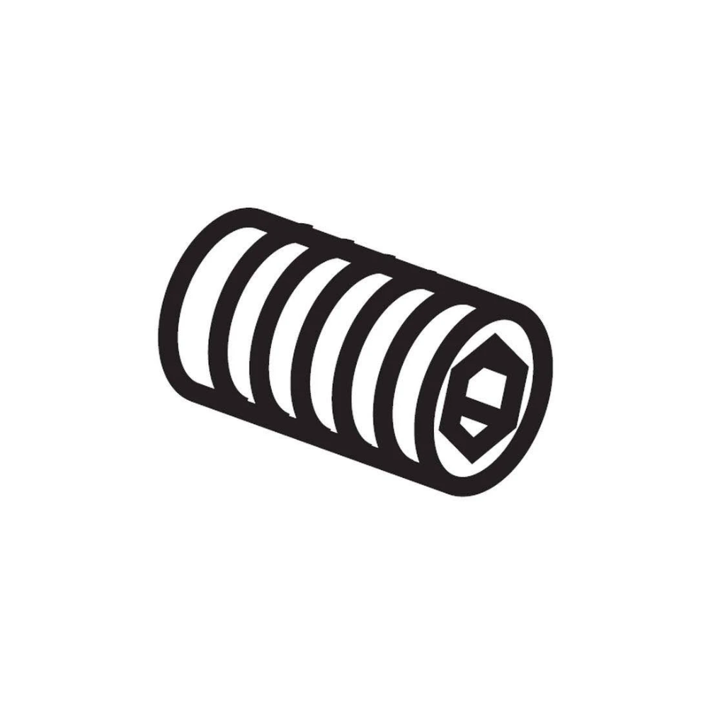 Black threaded set screw with hexagonal socket head on white background.