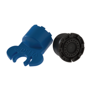 Blue Delta wrench with claw head and black perforated aerator with threaded base.