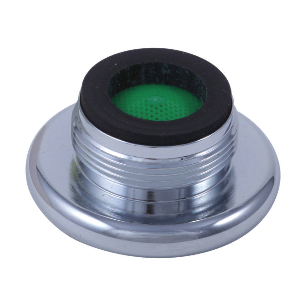 Chrome faucet aerator with black rubber ring and green mesh screen insert.