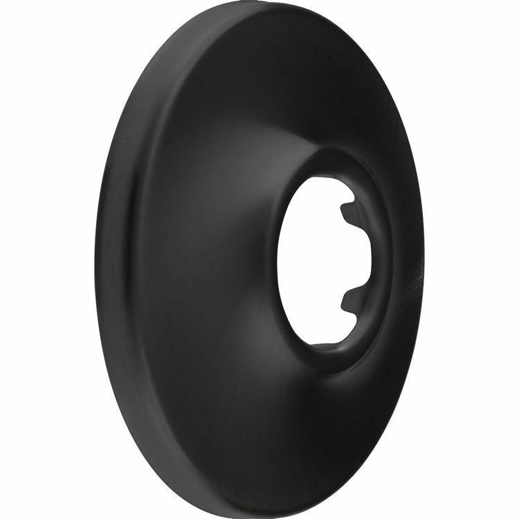 Matte black circular shower flange with central opening and curved edges.