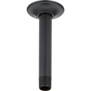 Matte black 6-inch ceiling-mount shower arm with circular flange and threaded connection end.