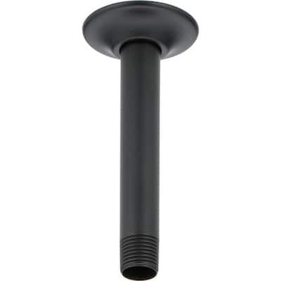 Matte black 6-inch ceiling-mount shower arm with circular flange and threaded connection end.
