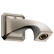 Brushed nickel wall-mounted shower arm with curved spout and rectangular mounting flange.
