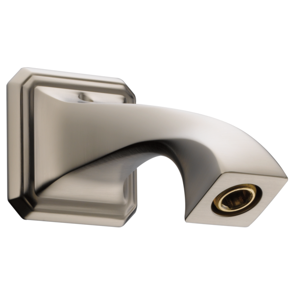 Brushed nickel wall-mounted shower arm with curved spout and rectangular mounting flange.
