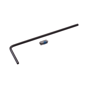 Black L-shaped Allen wrench and small metal set screw on white background.