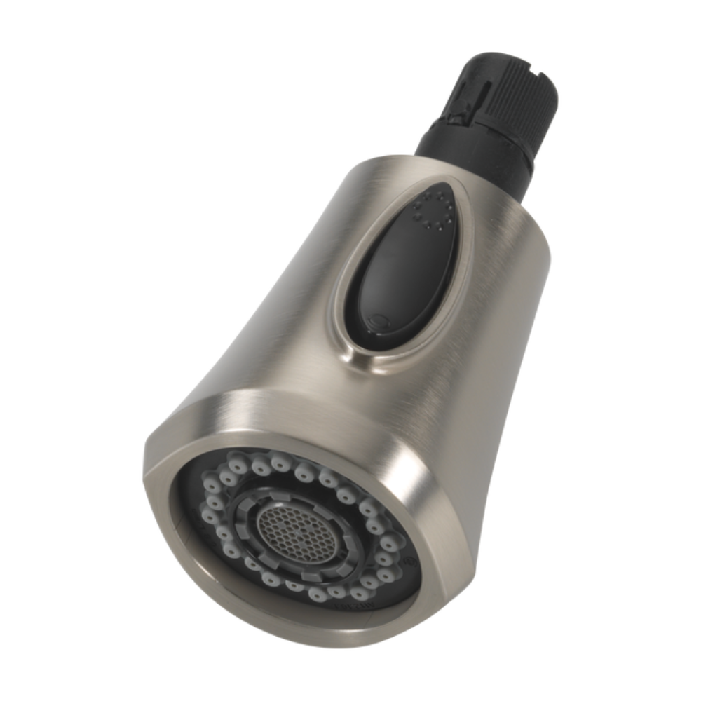 Stainless steel pull-down kitchen faucet spray head with black control button and multiple spray jets.