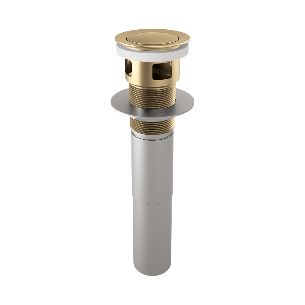 Luxe gold push button pop-up drain assembly with overflow and white gasket for sink installation.