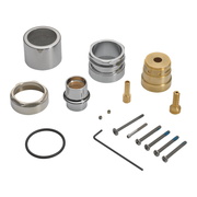 Chrome thermostatic valve components including metal sleeves, connectors, brass fittings, rubber seal, screws, and installati