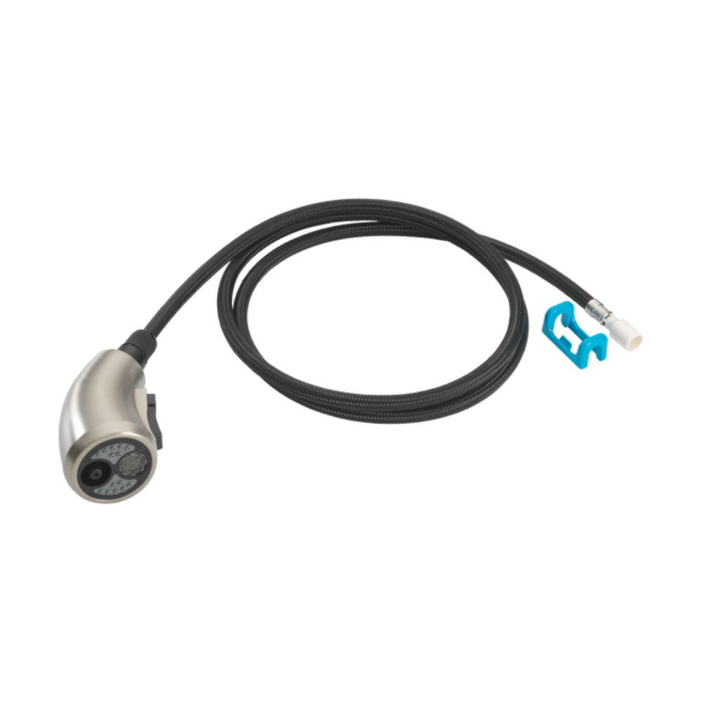 Stainless steel wand assembly with black braided hose and blue connector clip attachment.