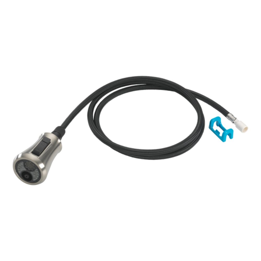 Stainless steel wand assembly with black braided hose, control button, and blue connector clip.