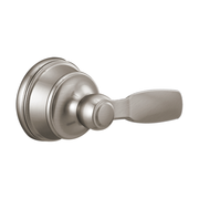 Stainless steel faucet handle assembly with decorative round escutcheon and lever handle.