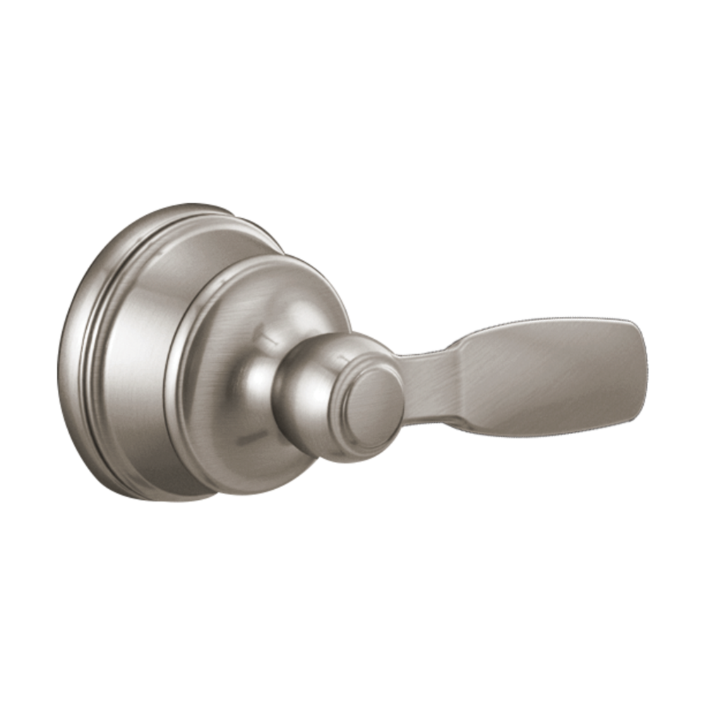 Stainless steel faucet handle assembly with decorative round escutcheon and lever handle.