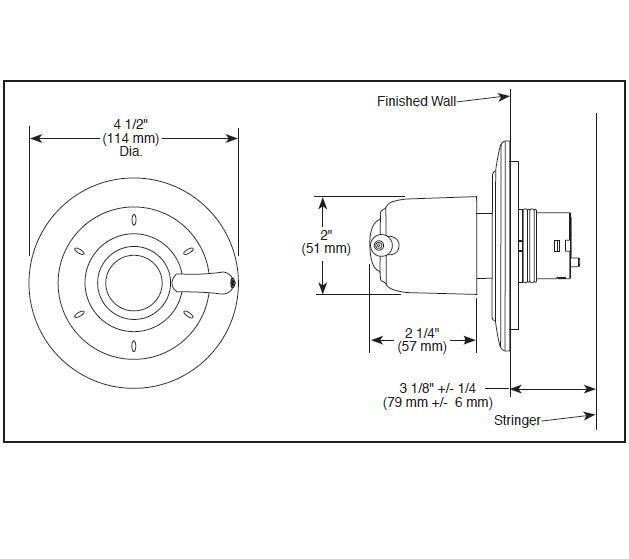 Chrome circular diverter valve trim with lever handle and technical dimension specifications for wall installation.