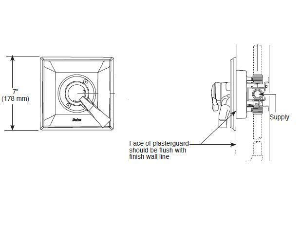 Delta Dryden Monitor 17 Series valve trim with square escutcheon plate and single control handle, shown front and side instal