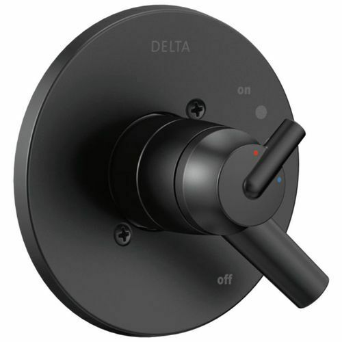 Black Delta Trinsic shower valve trim with round escutcheon plate, single lever handle, and temperature indicator markings.