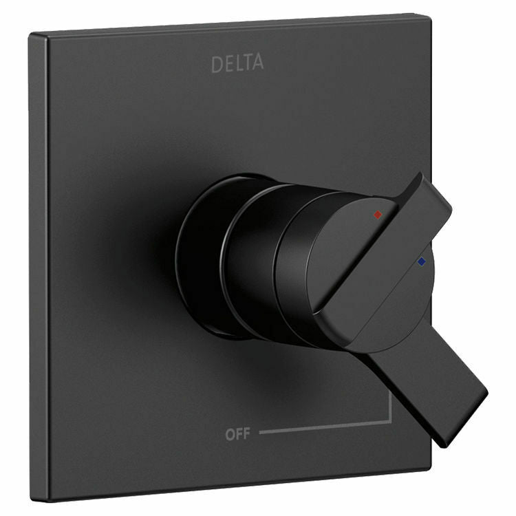 Black Delta Ara Monitor 17 Series valve trim with square escutcheon plate and single-handle lever control with temperature in