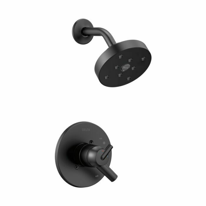 Black matte shower trim kit with circular wall-mounted control valve and matching overhead showerhead with multiple spray por