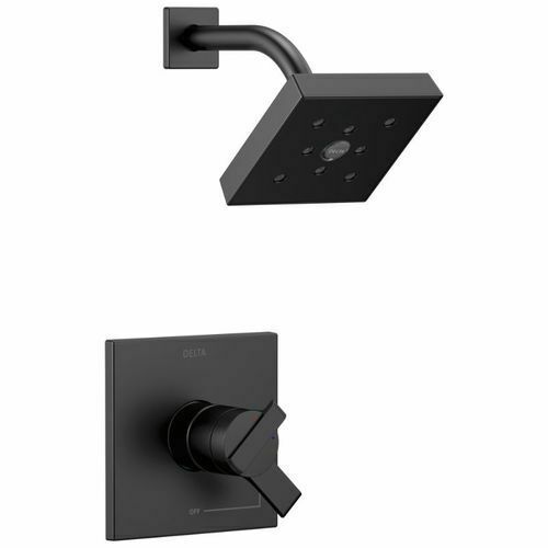 Black matte Delta shower trim with rectangular showerhead and lever valve control.